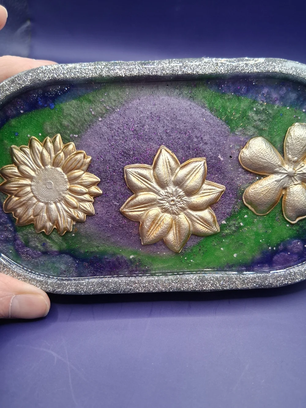 Handmade Resin Trinket Tray with Gold Flower Accents - Green & Purple